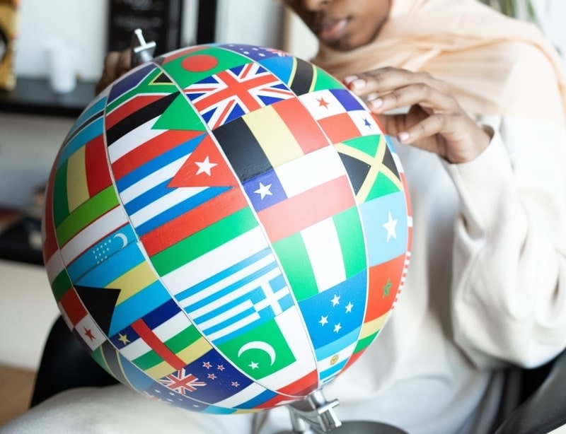 world globe with all nations flags representing globalism