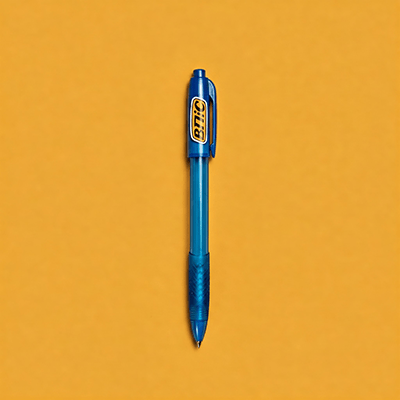 blue bic clicky pen with yellow background